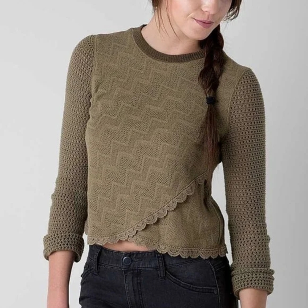 Free People Antoinette Knit Sweater Olive Green Crop Layered Look Lace Size L